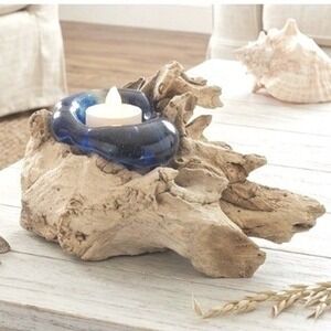 Hand Blown Cobalt Blue Molten Glass on Driftwood Tea Light Candle Holder Art